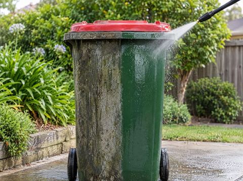 Wheelie bin, half cleaned