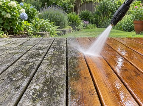 Timber deck, half cleaned