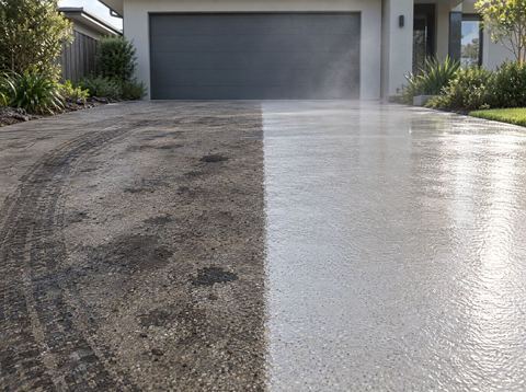 Concrete driveway, half cleaned