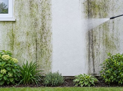 Rendered wall with a freshly cleaned band
